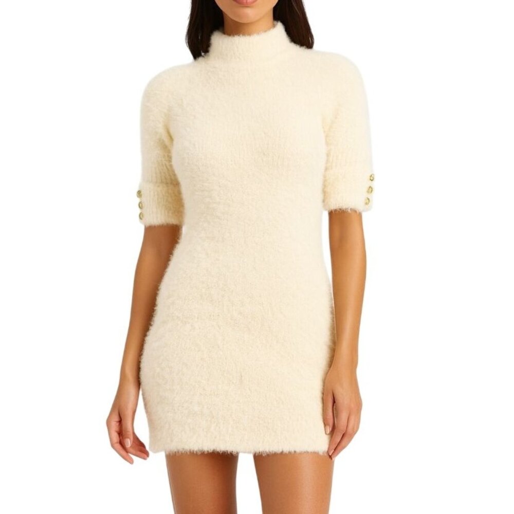 JoyinJoy Cream Fuzzy Knit Bodycon Mini Sweater Dress Mock Neck Gold Button S/M